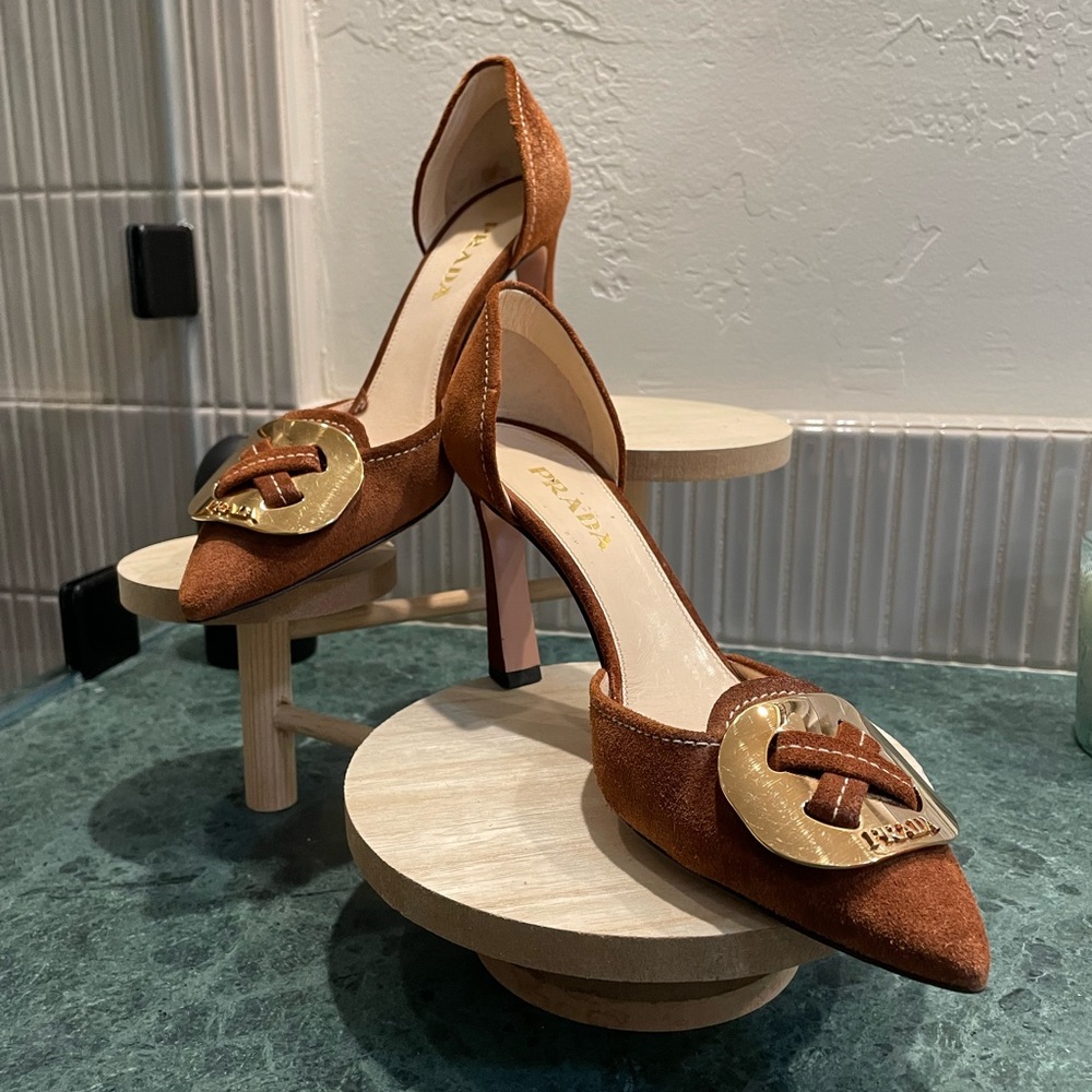 Prada Brown Suede Heels with Gold Buckle